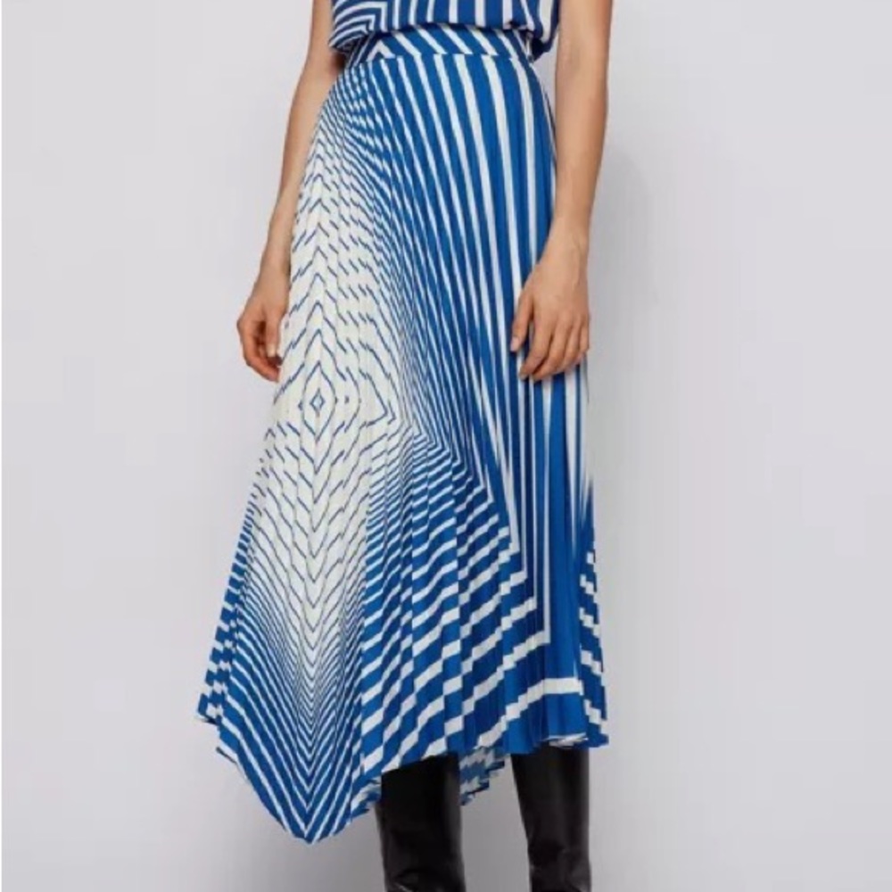 💙💙💙 HUGO BOSS ASYMMETRIC PLISSÉ SKIRT WITH FOULARD-INSPIRED STRIPE PRINT